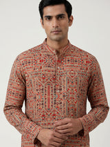Beige silk blend printed kurta suit for festive occasions for men