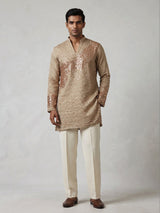 Beige metallic silk tissue kurta suit with sequin accents for men