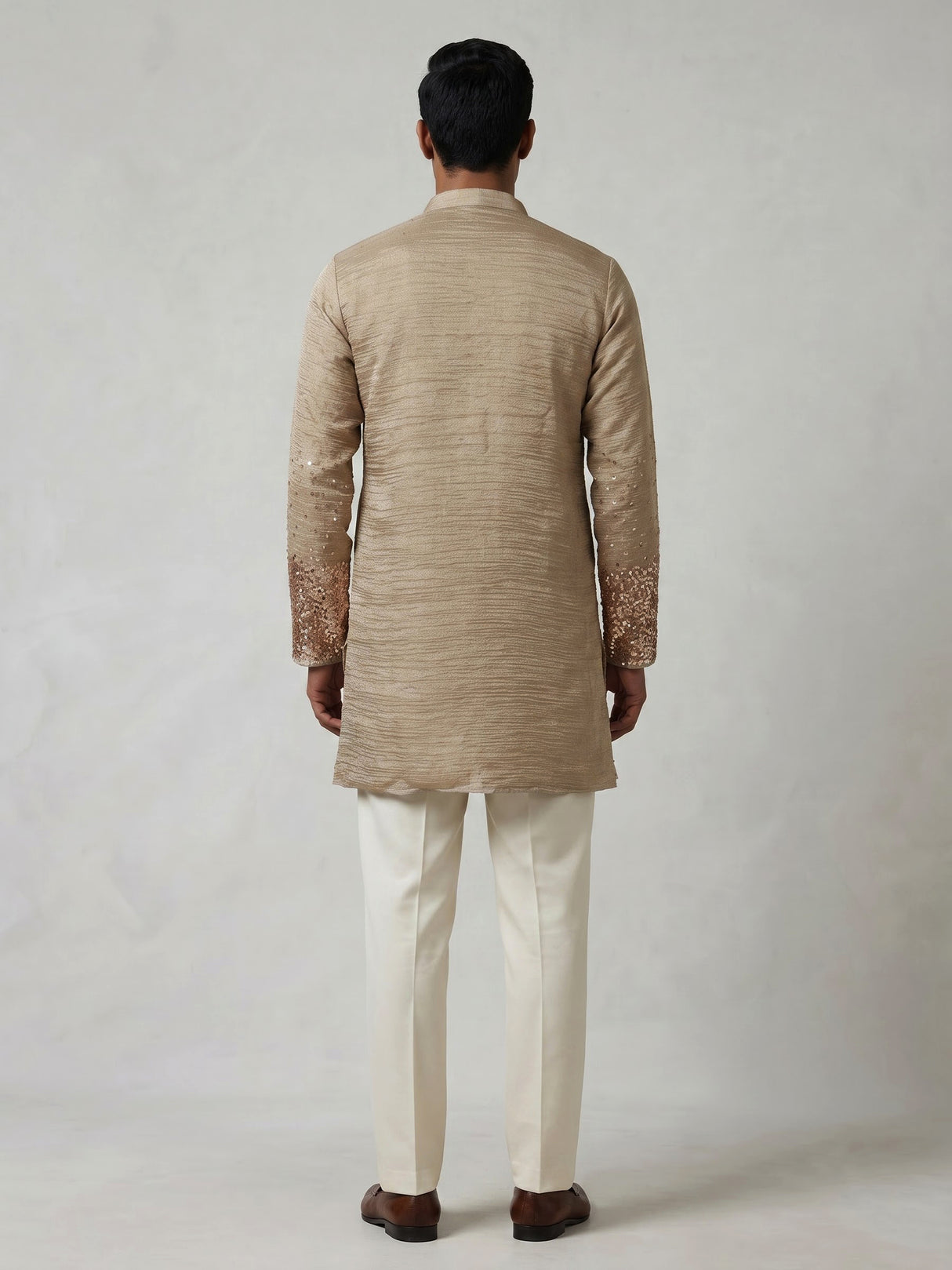 Beige metallic silk tissue kurta suit with sequin accents for men