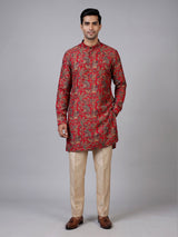 Red cotton silk printed kurta suit for festive celebrations for men
