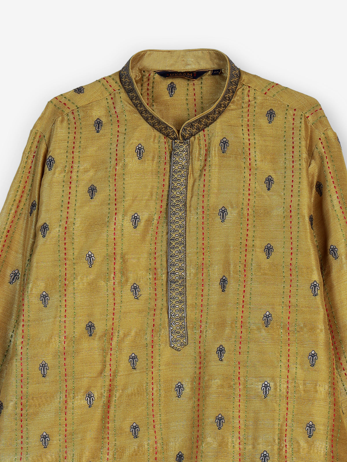 Gold silk blend kurta suit with embroidery and threadwork for men