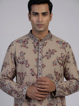 Beige tusser georgette kurta suit with embroidery and sequins for men