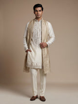 Cream silk blend kurta suit with embroidery stone and dupatta for men