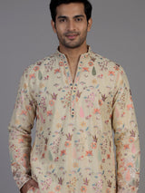 Cream chanderi silk kurta suit with embroidery and sequins for men