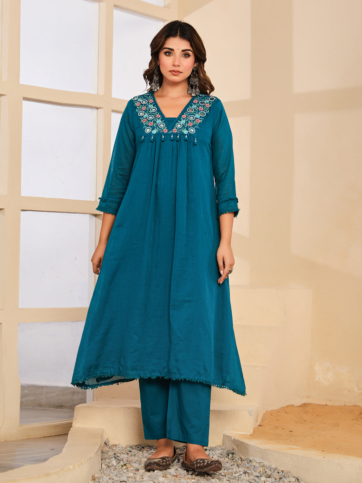 Peacock blue floral mirror womens kurti set
