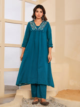 Peacock blue floral mirror womens kurti set