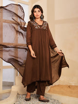 Brown floral mirror work womens kurti set