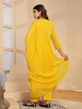 Yellow floral mirror work womens kurti set