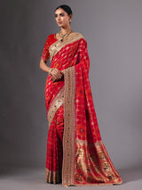 Radiant red georgette saree with zari animal motif embellishments