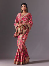 Pink dola silk saree with doli barat bandhani detailing