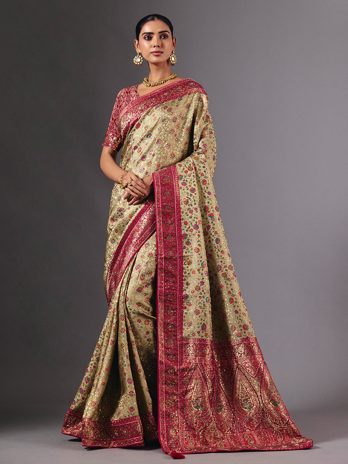 Pista green satin silk saree with floral zardosi elegance