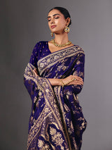 Royal blue satin silk saree with dazzling zardosi embellishments