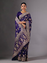 Royal blue satin silk saree with dazzling zardosi embellishments