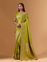 Bright green modal silk saree with dazzling zari detailing
