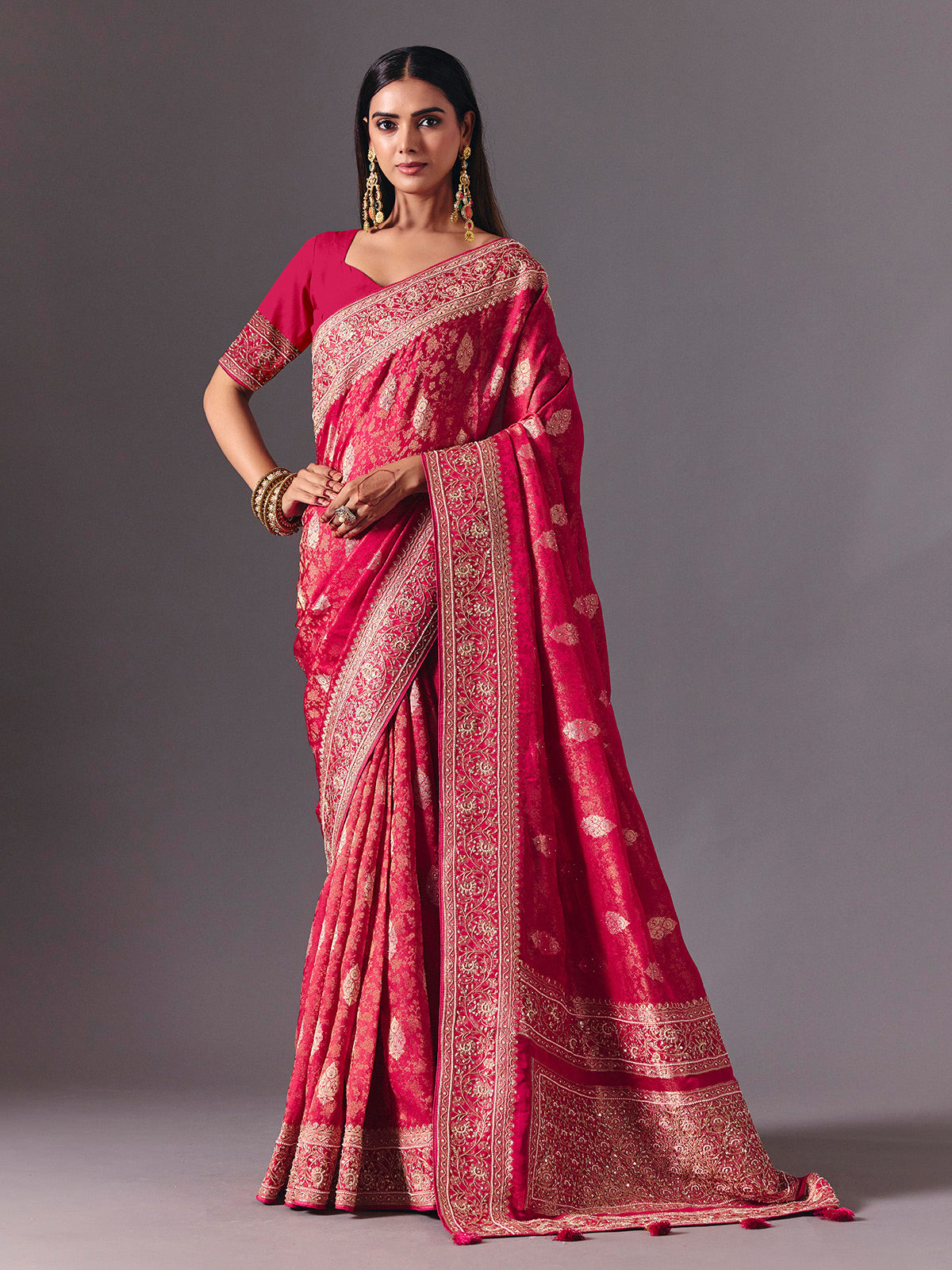 Rani pink satin silk saree with exquisite zari butta detailing