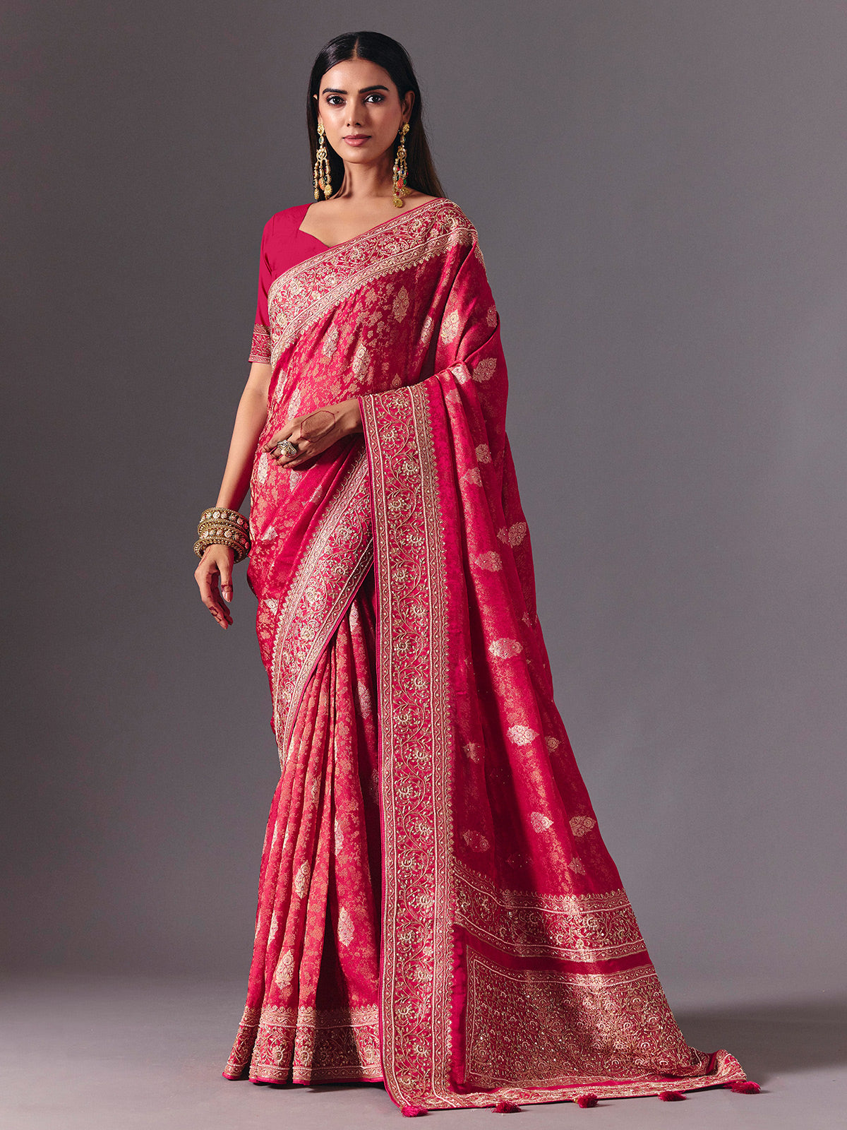 Rani pink satin silk saree with exquisite zari butta detailing