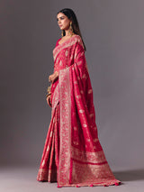 Rani pink satin silk saree with exquisite zari butta detailing