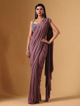 Light wine lycra ready to wear saree with stone embellishments