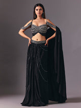 Black satin silk ready to wear saree with cutdana embellishments