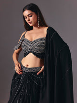 Black satin silk ready to wear saree with cutdana embellishments