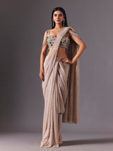 Beige net ready to wear saree with zardosi diamond detailing