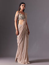Beige net ready to wear saree with zardosi diamond detailing