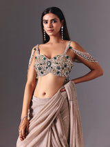 Beige net ready to wear saree with zardosi diamond detailing