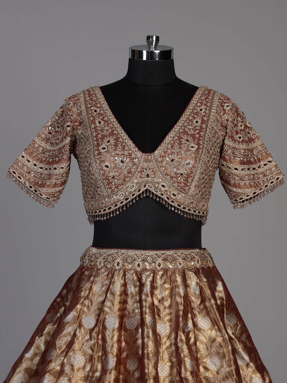 Rust brown banarasi jacquard lehenga choli with dupatta