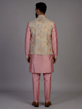 Pink silk waistcoat set for men with printed zari detailing