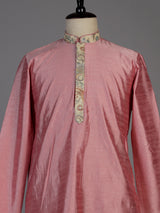 Pink silk waistcoat set for men with printed zari detailing