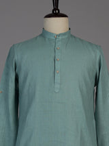 Aqua blue linen waistcoat set for men with festive embellishments