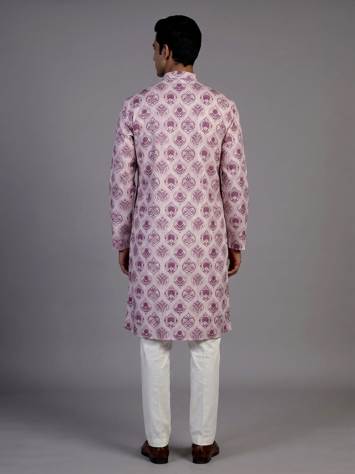 Pink off white silk printed kurta suit for men