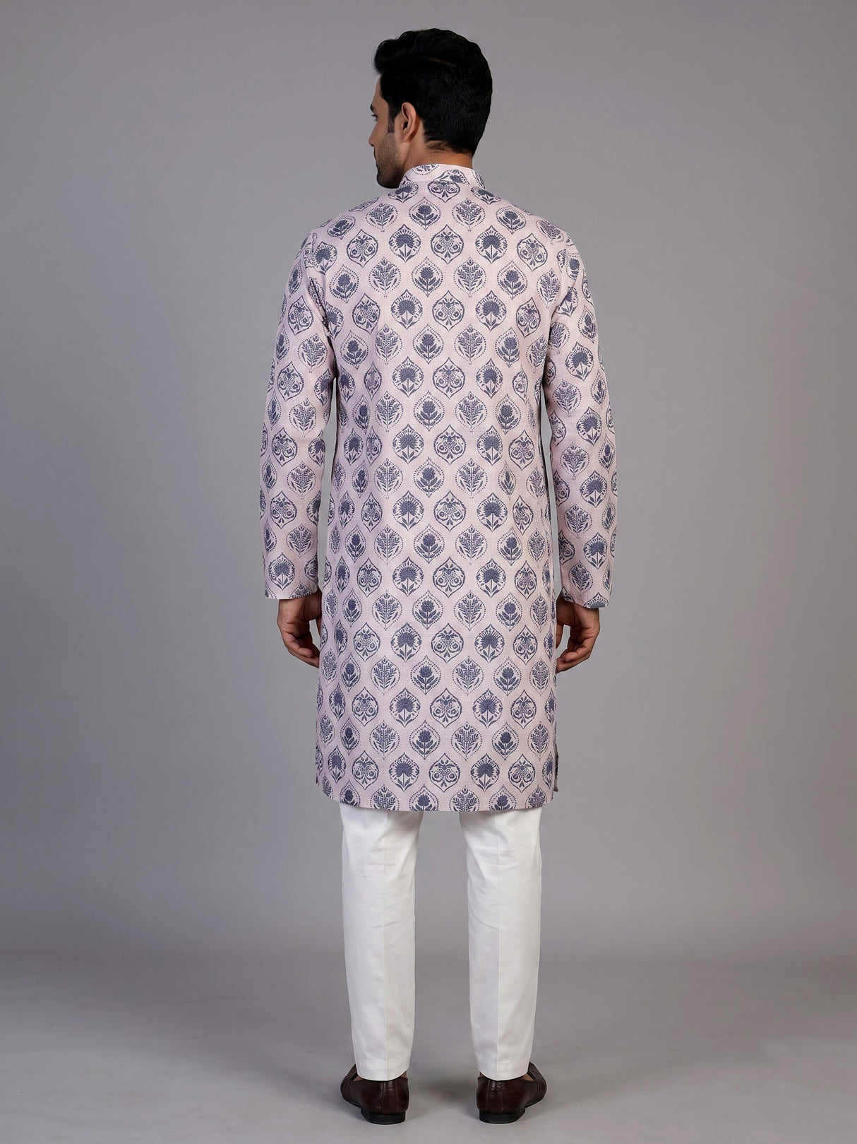 Off white cotton silk printed kurta suit for men
