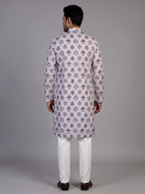 Off white cotton silk printed kurta suit for men