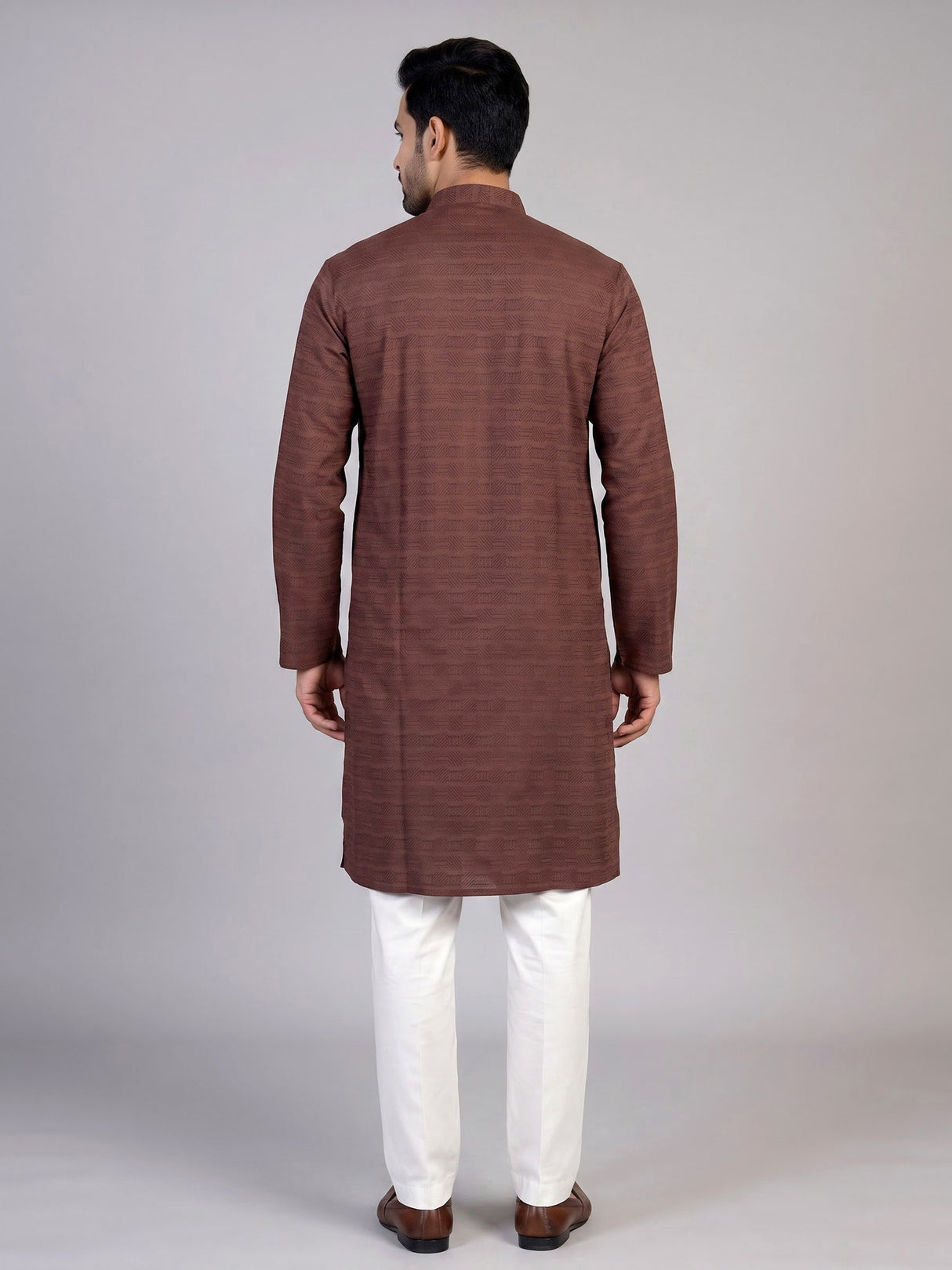 Brown cotton thread detailed kurta suit for men celebrations