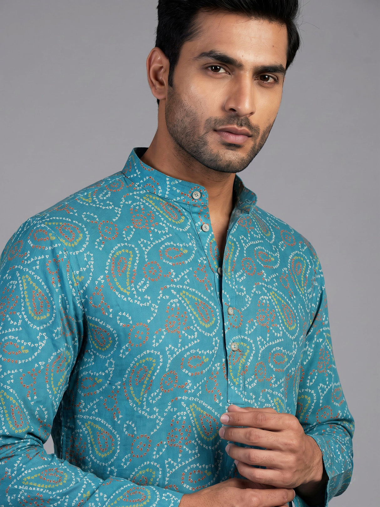 Aqua silk blend bandhani kurta suit for men festive style