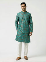 Teal green cotton silk floral kurta suit for men