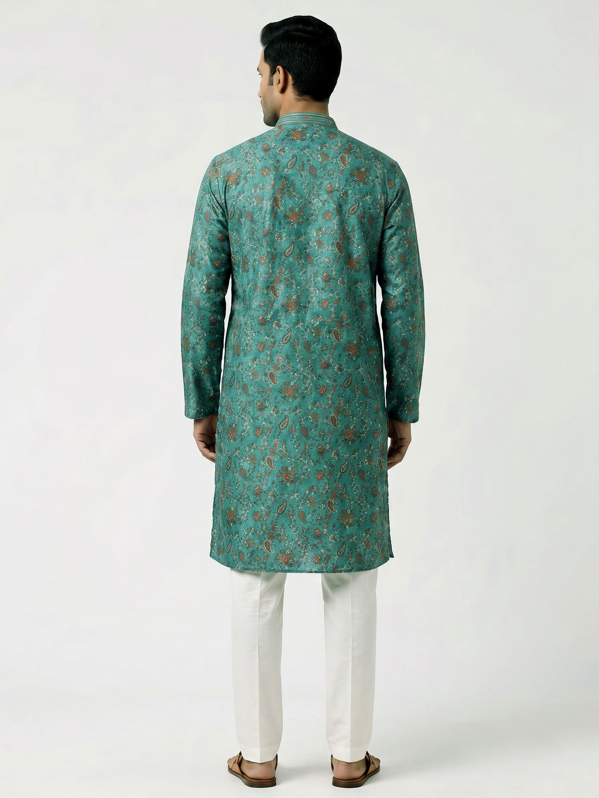 Teal green cotton silk floral kurta suit for men