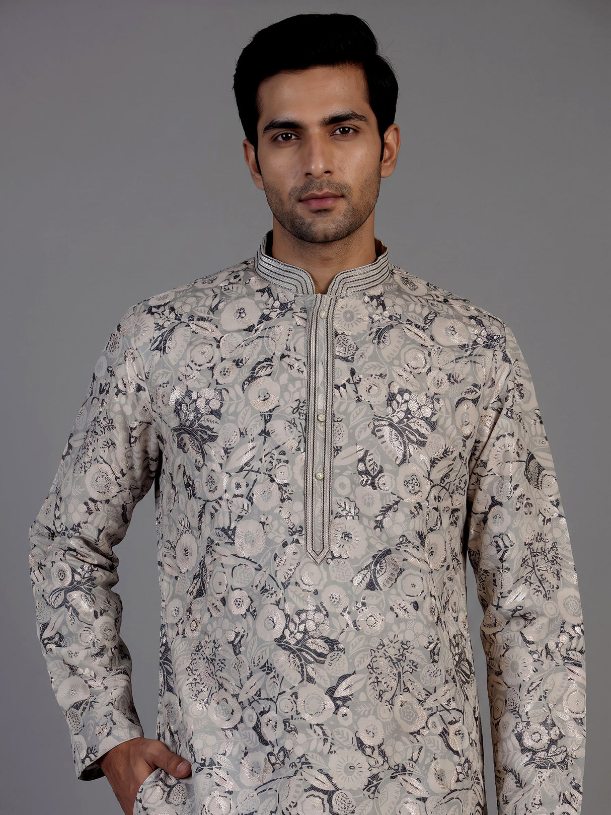 Beige cotton floral kurta suit for men graceful celebrations