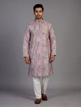 Pink silk printed kurta suit for men festive elegance
