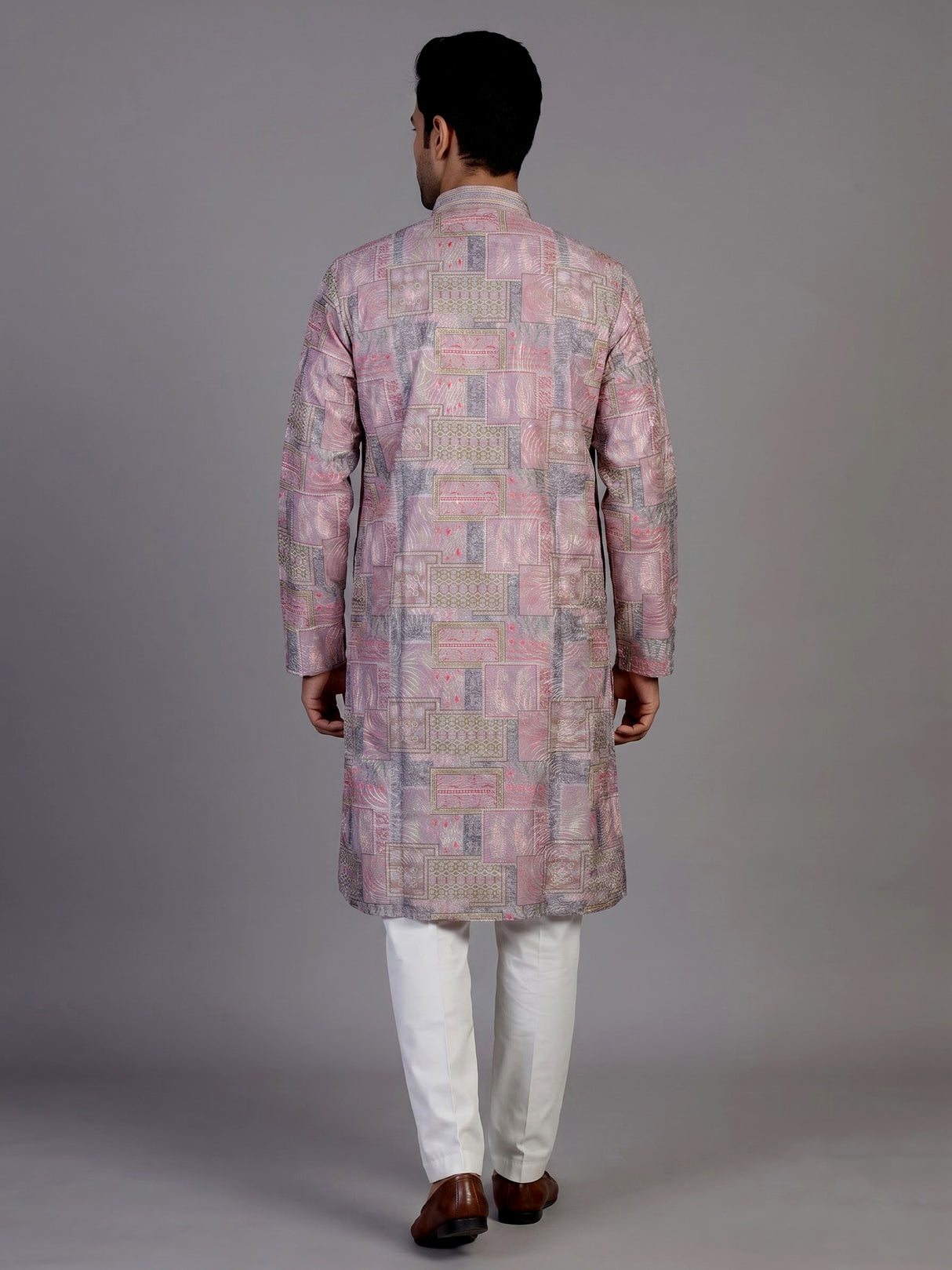 Pink silk printed kurta suit for men festive elegance
