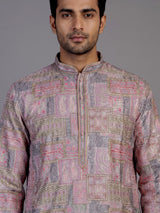 Pink silk printed kurta suit for men festive elegance