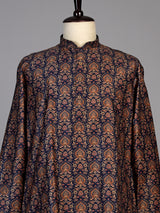 Navy silk blend printed kurta suit for men