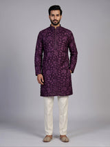 Wine cotton floral embroidered kurta suit for men