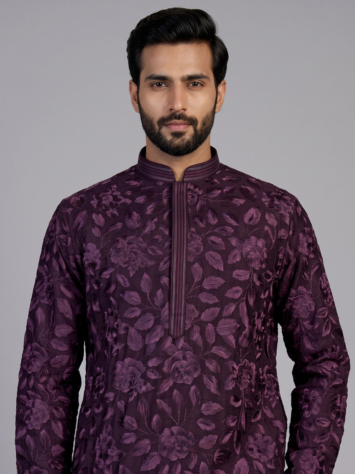 Wine cotton floral embroidered kurta suit for men