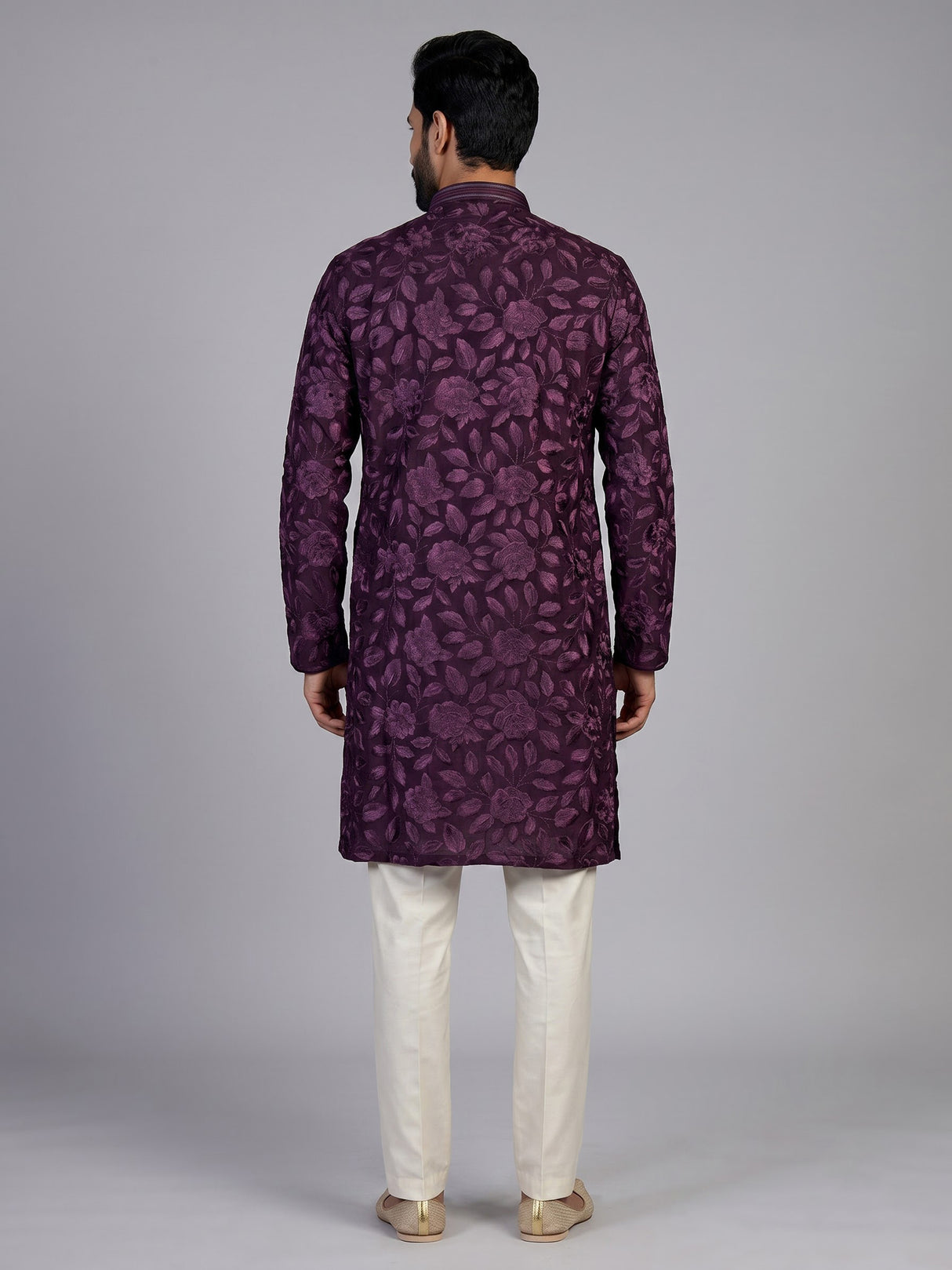 Wine cotton floral embroidered kurta suit for men