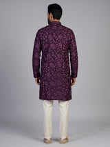 Wine cotton floral embroidered kurta suit for men