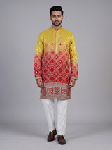 Red silk shaded bandhani kurta suit for men