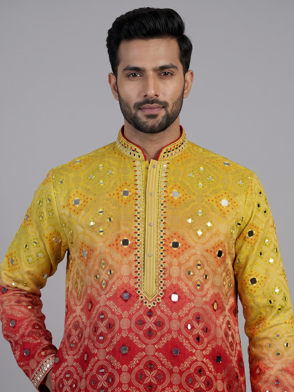 Red silk shaded bandhani kurta suit for men