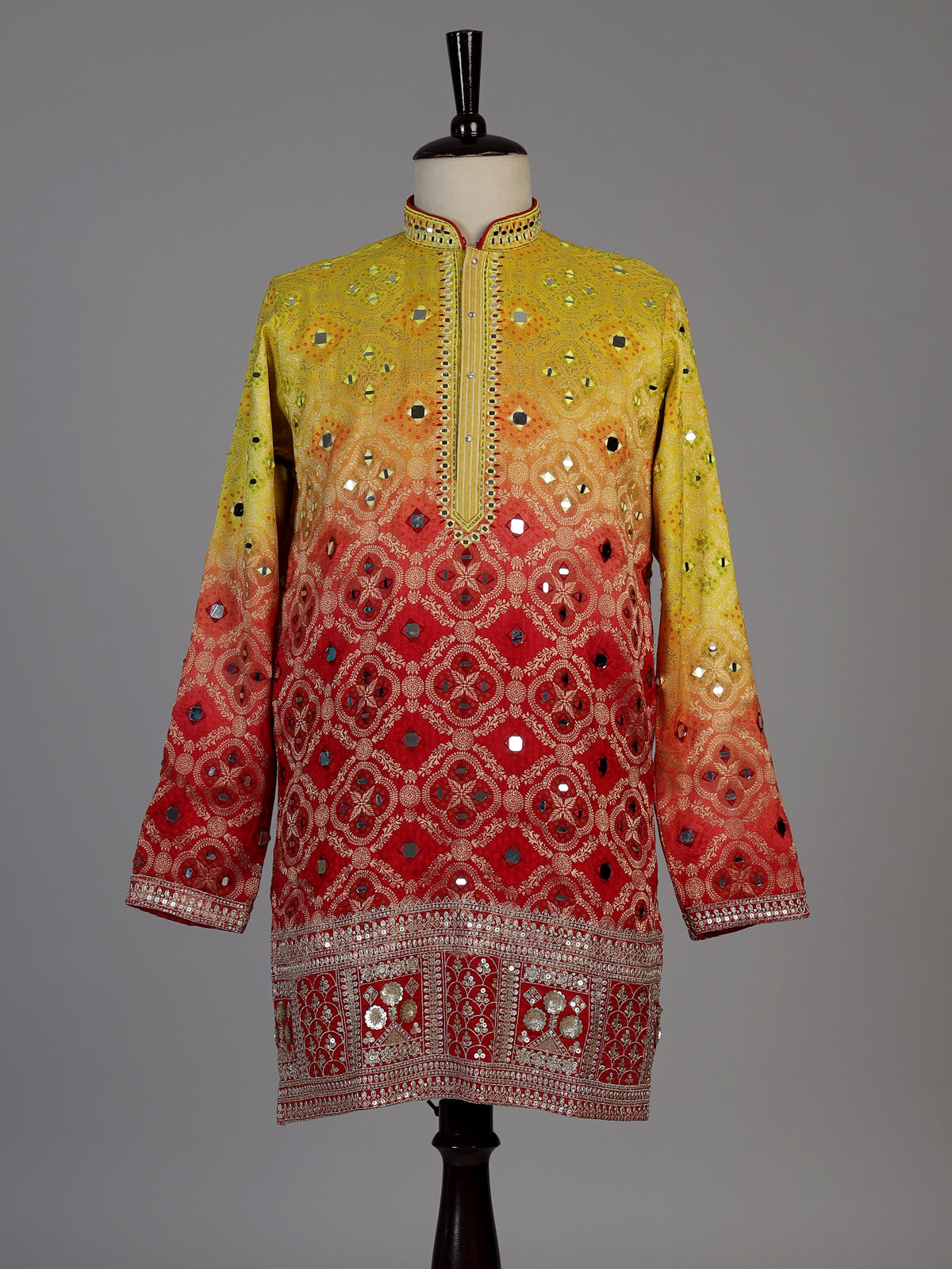 Red silk shaded bandhani kurta suit for men
